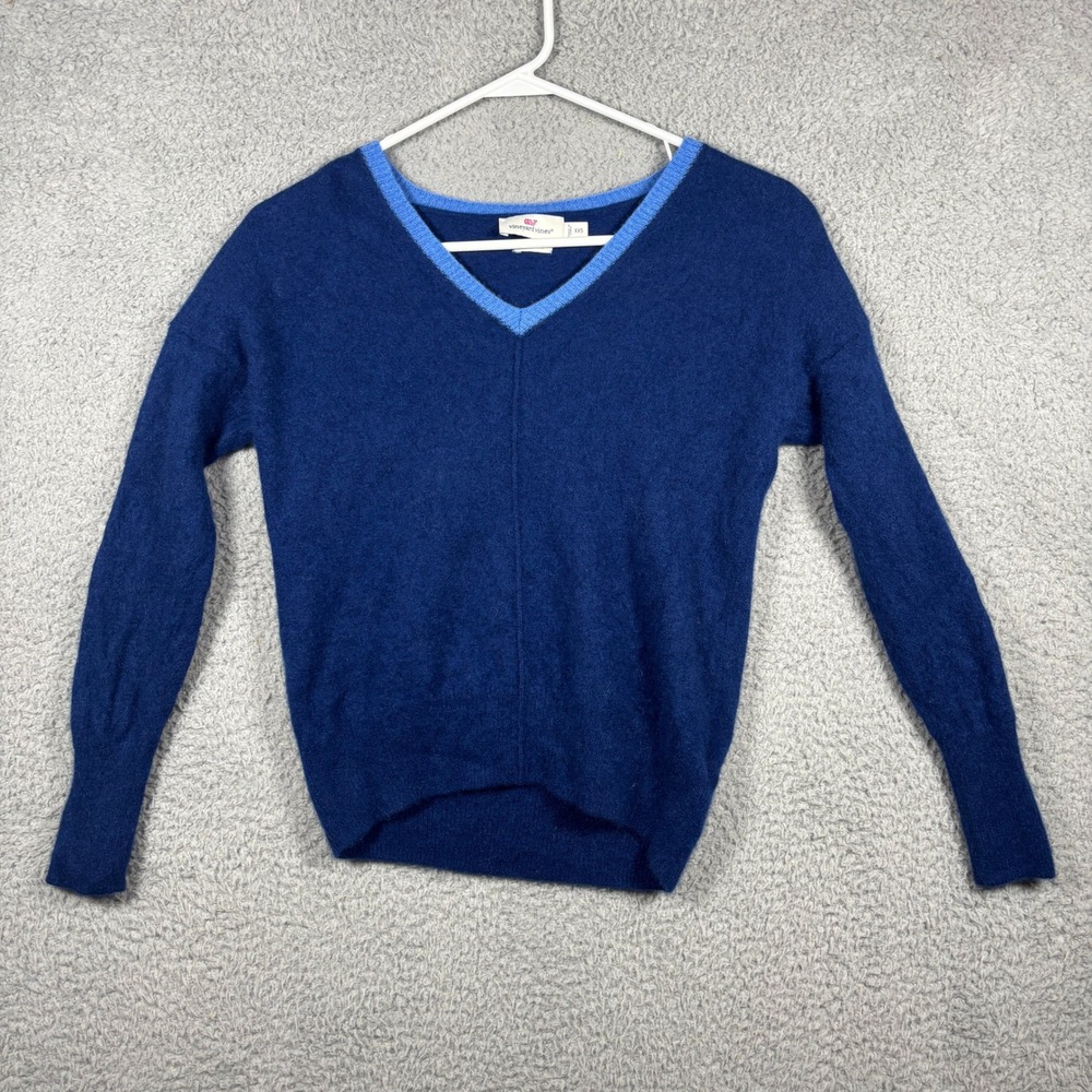 Vineyard Vines Womens Cashmere V-Neck Sweater Navy Blue Contrast Trim Tunic XXS